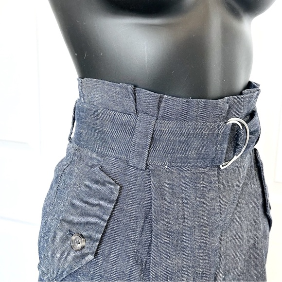 A.L.C. Pant High Waist Belt 0/2 Indigo Blue Chambray Italian Linen Tapered Ankle - Picture 3 of 15